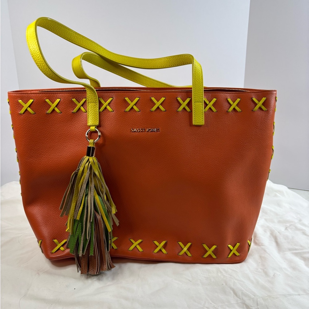 Sassy Jones Vibrant Orange Leather Tote Bag with Tassel